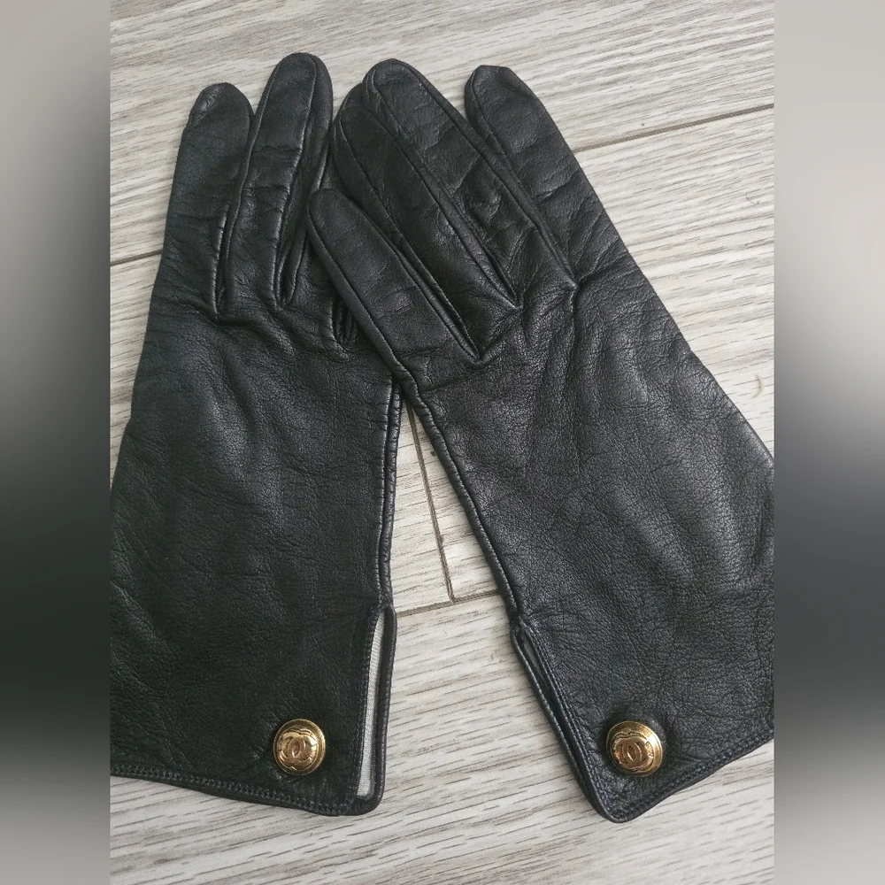 CHANEL Black Gloves with Gold Buttons Accents - Picture 1 of 7